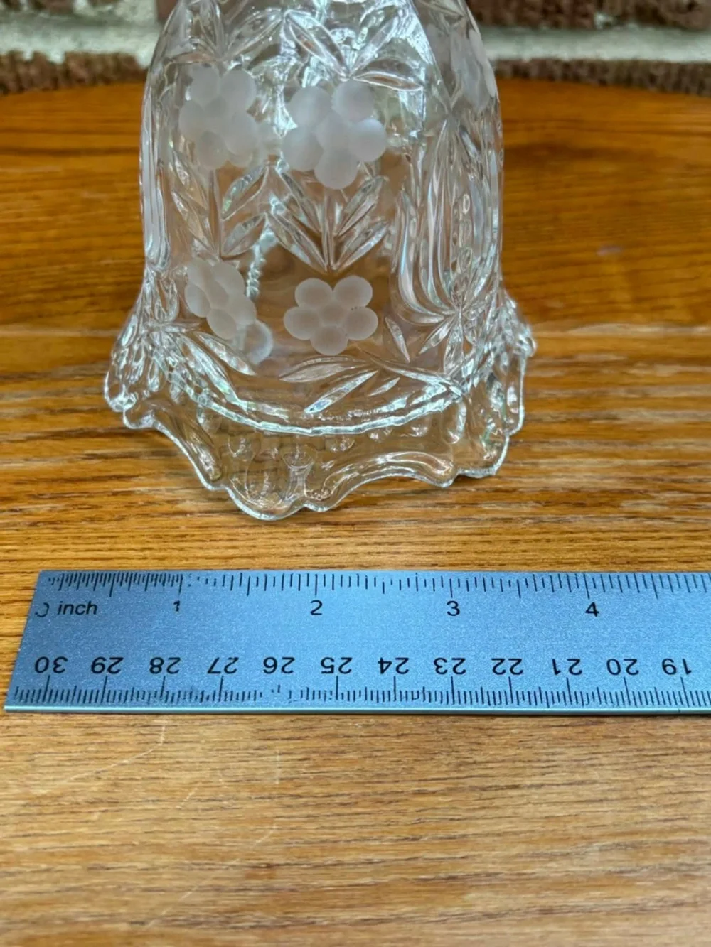 Vtg Bohemian Clear Cut Crystal Dinner Bell Etched Flowers Scalloped Edge 8.5”